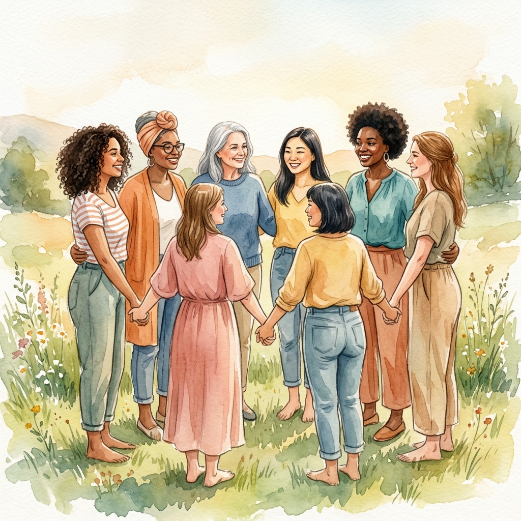 A diverse group of women standing together in solidarity and support